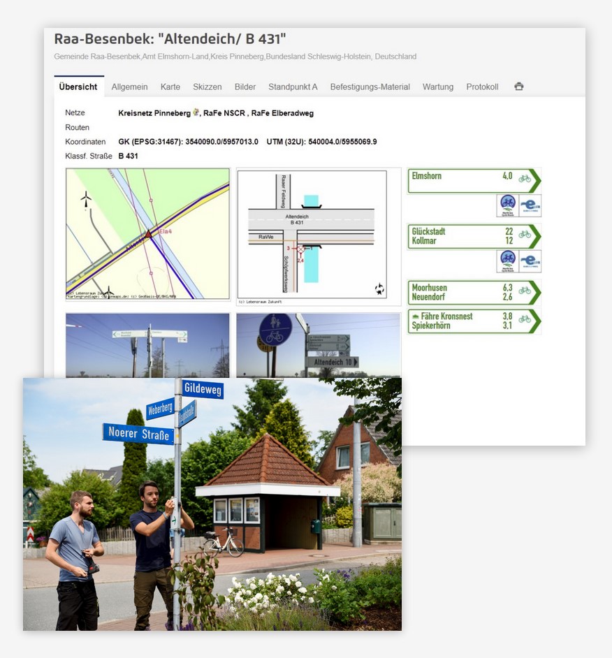 Das Dokumentieren von Standortdate ist mit Schilderkataster.de spielend einfach: Es erlaubt standortbezogene Daten von Wegenetzen zu verwalten; im Büro genauso wie in der Natur. Ganz gleich, ob es sich dabei um Fahrradwegweisung oder Wanderrouten handelt.