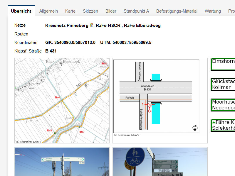 Das digitale Schilderkataster für die Planung und Pflege von Wegeleitsystemen ist in übersichtliche Reiter aufgeteilt mit Allgemeine Informationen als Dashboard.